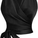 SHENHE Women's Satin Wrap Ruched Tie Side Tank Top Deep V Neck Sleeveless Elegant Blouse (Large, Black)