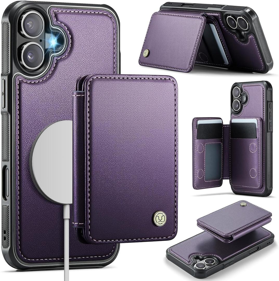 Compatible with Magsafe for iPhone 16 Wallet Case Magnetic Card Holder, RFID Blocking 2 in 1 Detachable Kickstand Shockproof Case for Women Men, Purple
