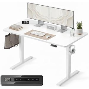 FEZIBO Electric Height Adjustable Standing Desk, 60x140cm Ergonomic Home Office Table with Splice Board & White Wood Grain Surface, Upgraded Stable Steel Frame for Sit-Stand Workstation