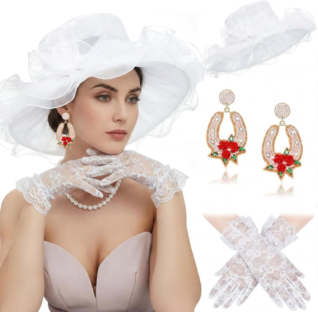 Tradder 3 Pcs Derby Outfits for Women Organza Fascinator Hat Beaded Derby Earrings Gloves Tea Party Outfit for Ladies (White, M)