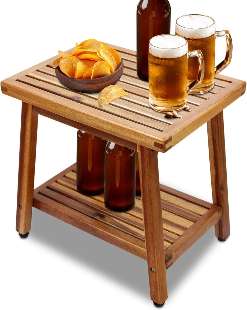 ENKEZI Small Acacia 16 Inches Outdoor Side Table, 2-Tier Sturdy Patio, End Table Weather Resistant, Strong Stability Side Table for Patio, Pool, Porch, Teak Finish (Small)