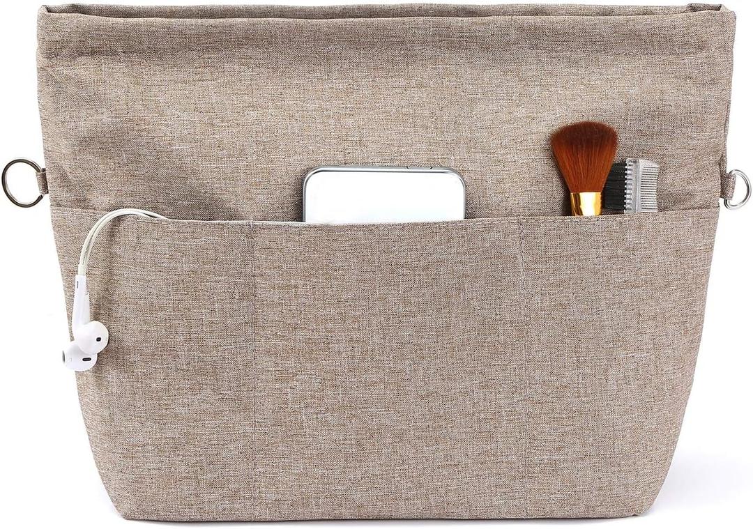 VANCORE Purse Bag Organizer Insert with 13 Pockets, Handbag and Tote Bag Inside Shaper with Zipper (Medium-11.9*10*3.6*8.4in, Khaki)