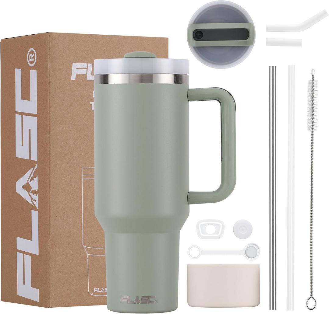 FLASC 40 oz Tumbler With Handle and Straw | 100% Leakproof Insulated Tumbler With Lid and Straw | Includes ALL Accessories: Stainless Steel Straw, Silicon Boot, Straw Cover & Cleaner (Bayleaf)