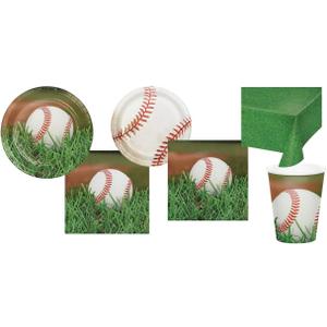 Baseball Party Supplies for 16 Guests: Dinner Plates, Dessert Plates, Cups, Luncheon Napkins, Beverage Napkins, tablecover