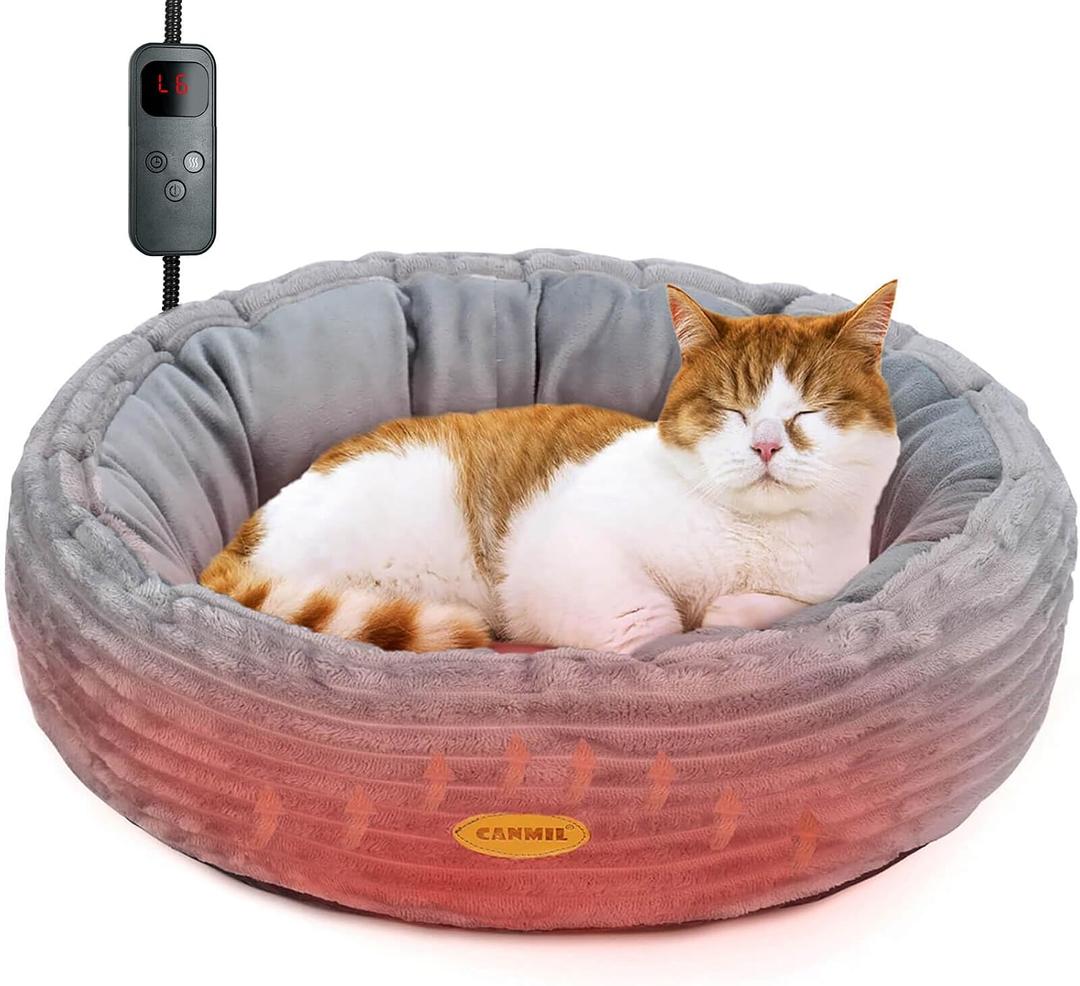 Heated Cat Bed for Indoor Cats, 20 Electric Cat Heated Bed Pet Warming Bed for Cats and Small Dogs, Washable Calming Round Donut Pet Bed with Heating Pad, Indoor Use