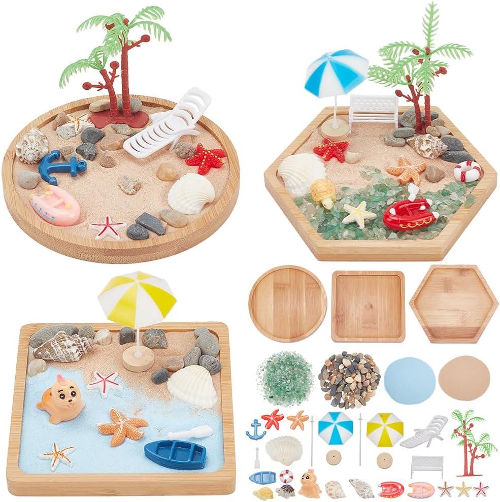 WEBEEDY 3 Sets Miniature Beach Zen Garden Kit Sand Craft Kit Ocean Beach Sandbox Decorations Meditation Mini Zen Garden Accessories for Home Office Desktop Decor Gift, 4/4.2/4.4 inch Tray