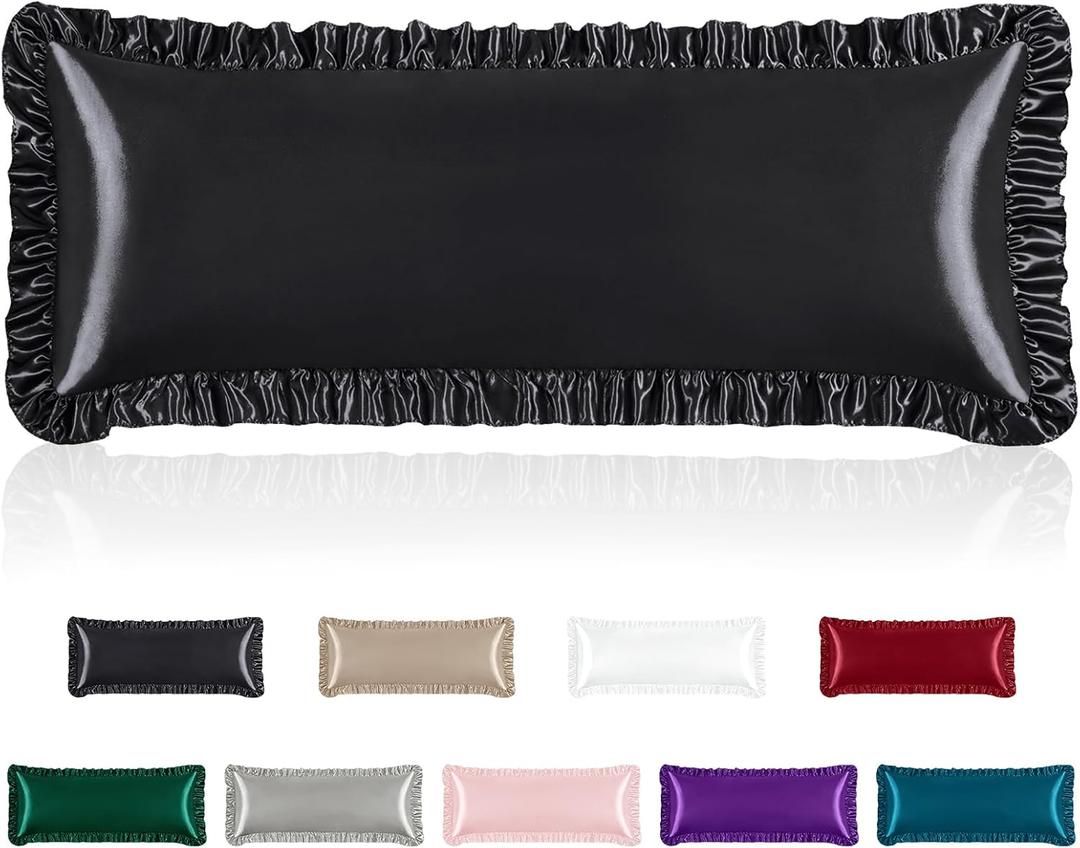 Homiest Ruffle Satin Body Pillow Cover, Silky Satin Body Pillowcase with Envelope Closure, Luxury & Ultra Soft Long Pillow Cases for Hair and Skin, Ruffled Long Pillow Shams (Black) (Body - 20 x 54 Inch)