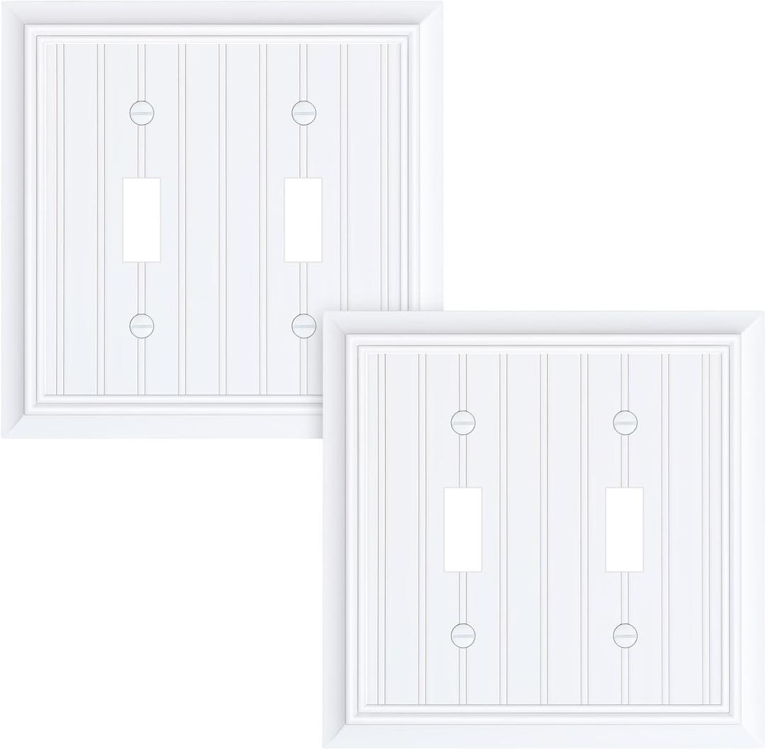 2-Pack Classic Beadboard Double Toggle Light Switch Cover Plate, Durable Natural Bamboo Fiber Decorative Switch Plate Covers, Pure White 2 Gang Wall Plate, Corrosion Resistant