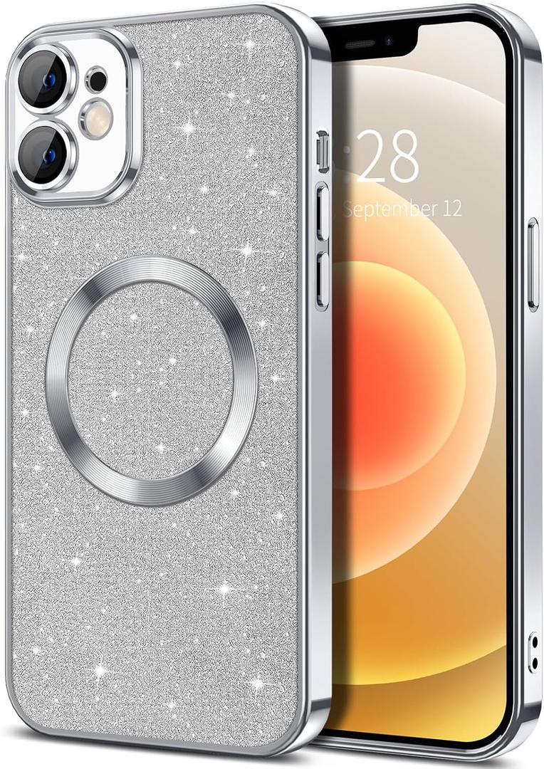 Hython for iPhone 12 Case Glitter, Clear Magnetic Phone Cases with Camera Lens Protector [Compatible with MagSafe] Bling Sparkle Plating Soft TPU Slim Shockproof Protective Cover Women Girls, Silver