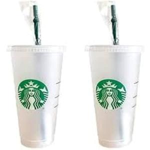 2 x Starbucks 2 Pack Bundle - Reusable Frosted 24 oz Cold Cups with Lid and Green Straw w/Stopper