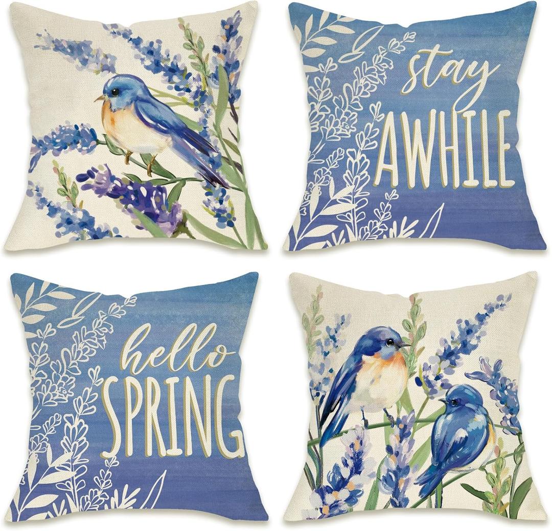 Fahrendom Hello Spring Bluebird Decorative Throw Pillow Covers 18 x 18 Set of 4, Lavender Flower Stay Awhile Porch Patio Outdoor Pillowcase, Blue Floral Seasonal Sofa Couch Cushion Case Home Decor