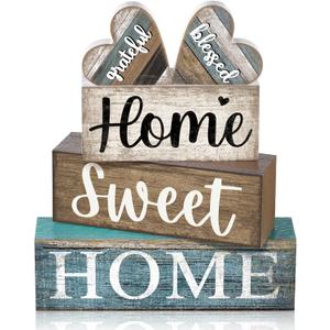 4 Pcs Farmhouse Wooden Tabletop Decor Sweet Home Tiered Tray Decor Rustic Heart Shaped Centerpiece Farmhouse Block Sign Housewarming Gifts for Home Kitchen Table Shelf Mantel Decoration (Multicolor)