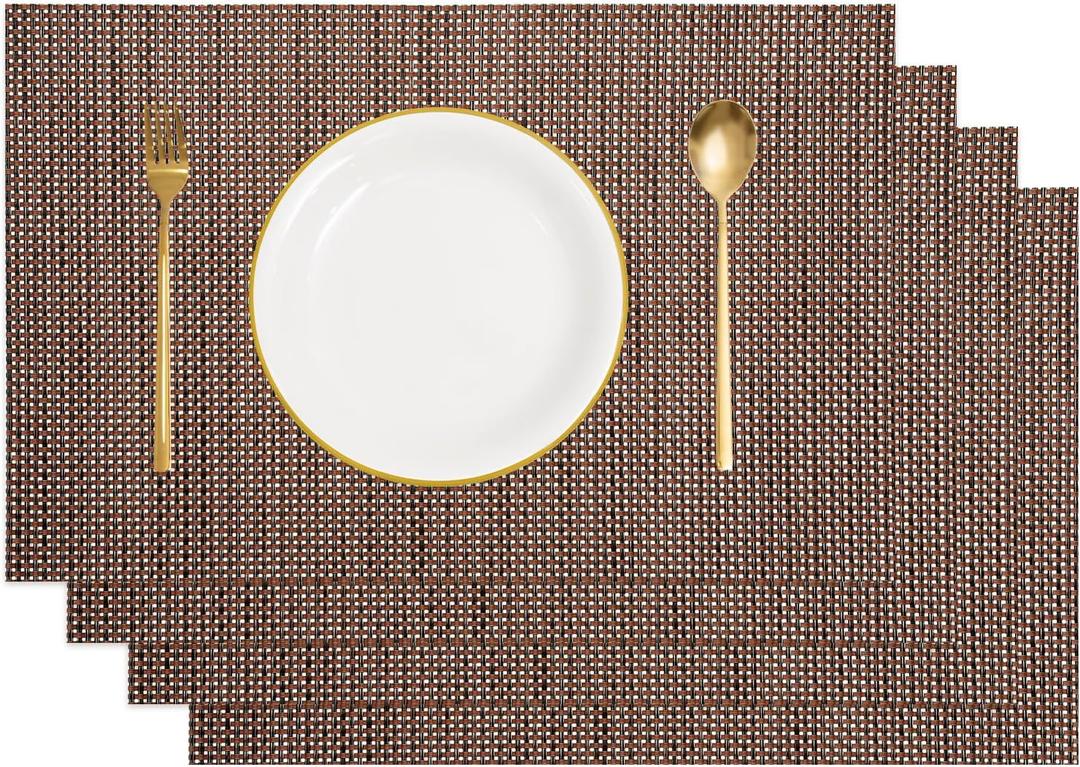 uxcell Heat Resistant Woven Washable Placemats, 12x18 Inch PVC Vinyl 4 Ply Woven Washable Non-Slip Table Mats for Dining Table Kitchen Outdoor Home Decoration (Burgundy Red,4Pcs)