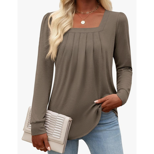 Funlingo Women's Puff Long Sleeve Tops Dressy Casual Square Neck Pleated Work Blouse Fall Trendy Tunic Flowy Chiffon Shirt, Size 2XL