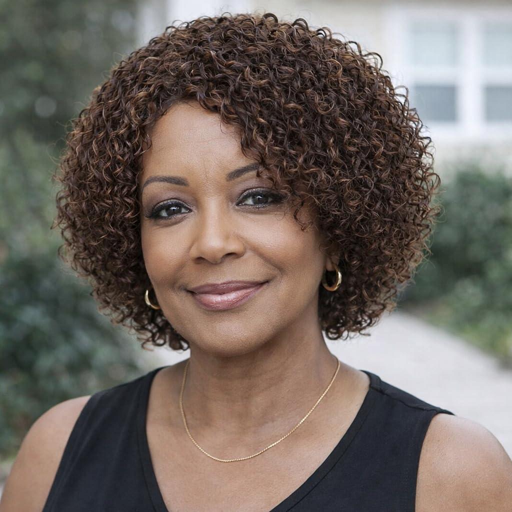 Short Curly Wigs for Black Women Brown Mixed Blonde Natural Looking Kinky Curly Human Hair Wigs for Mature Women 4/30 Color No Lace Glueless Shake and Go Wig4/30