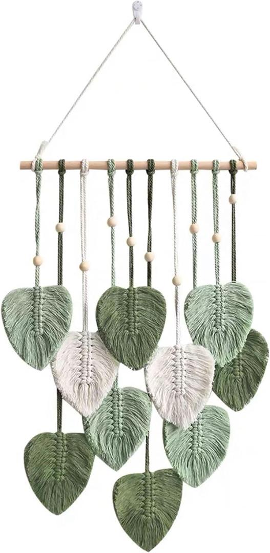 Eiyye Macrame Leaf Tapestry Wall Hanging Boho Cotton Woven Decor for Living Room Bedroom Nursery Apartment Aesthetic Green Wall Art 35.43in (Light Green)