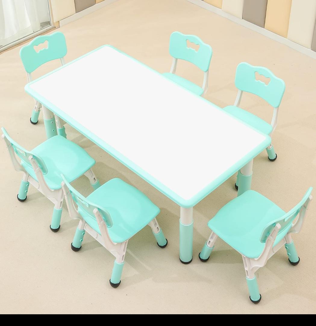 Children's Table and Chair Set Suitable for Boys and Girls Age 2-12 Height Adjustable Table top Can be Painted with 6 Seats Suitable for Family Learning Daily use (Mint Green)