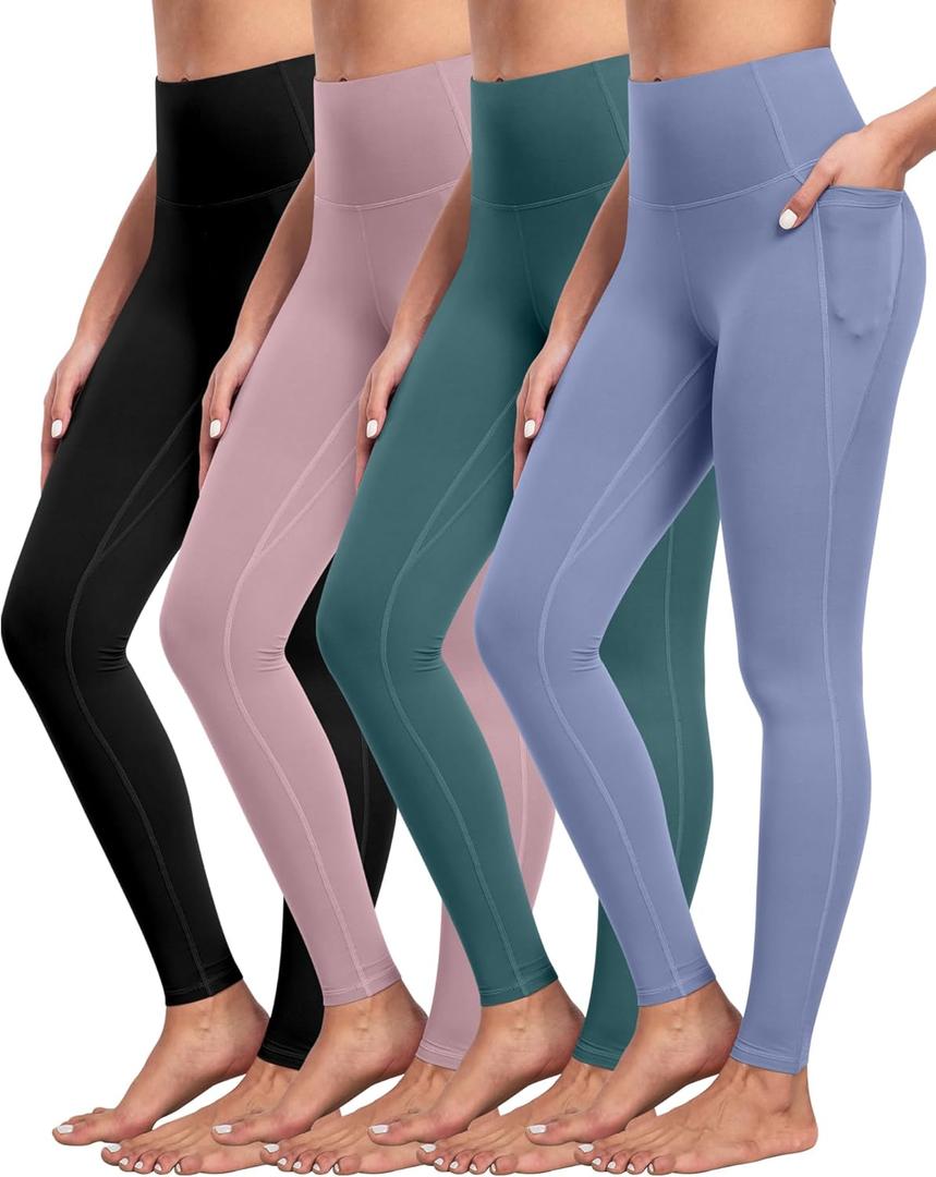 NORMOV 4 Packs Yoga Leggings with Pockets for Women, Soft High Waisted Tummy Control Workout Pants (3X-Large, 4packs(black,blue,bean Green,pink))