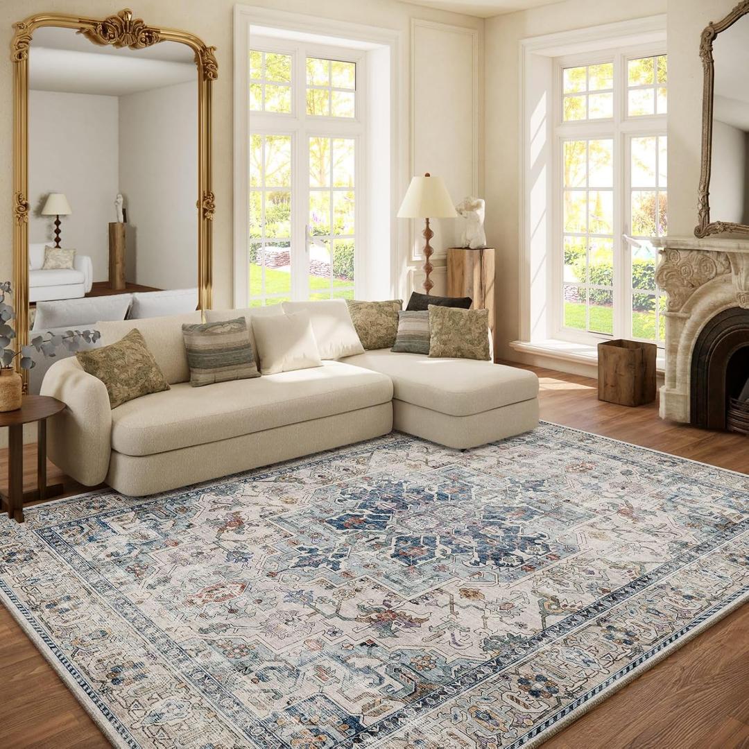 6x9 Area Rugs for Living Room: Washable Bedroom Rug Boho Vintage Rugs Stain Resistant Non Slip Low Pile Soft Lightweight Carpet for Kitchen Dining Room Farmhouse Nursery Kids Room Home Office, Blue and Cream