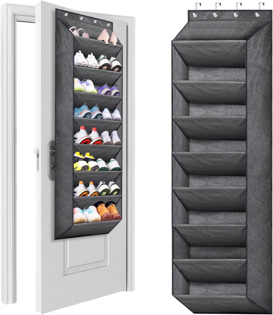 8 Tier Over Door Shoe Organizer with Deep Pockets, Fabric Hanging Shoes Shelf Rack for Closet, Fit Up to 24 Pairs Shoe Storage Holder for Sneakers, Bots Behind the Door, Grey