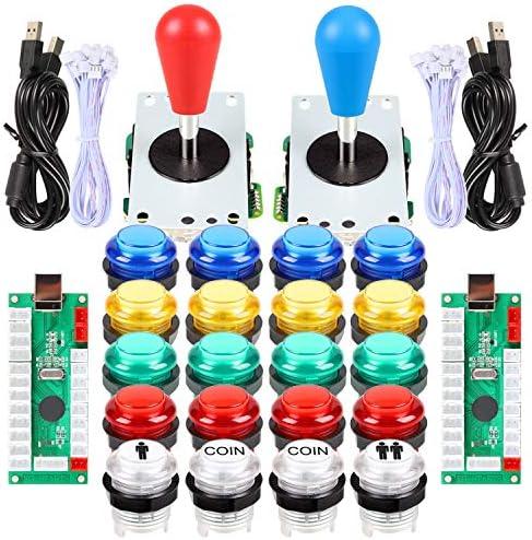 Fosiya LED Arcade Joystick Buttons Kit Ellipse Oval Style 8 Ways Joystick + 20 x LED Arcade Buttons for 2 Player Video Games Standard Controllers All Windows PC MAME Raspberry Pi (Mix Colors Kits)