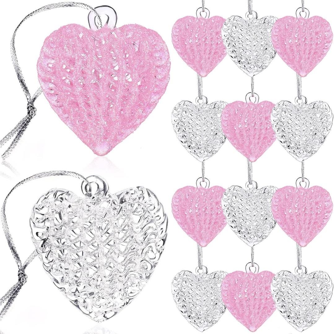 Chengu 12 Pcs Valentine Heart Ornaments Heart Shaped Hanging Decorations Glass Crystal Pink White Decor for Valentine Gift Holiday Anniversary Wedding