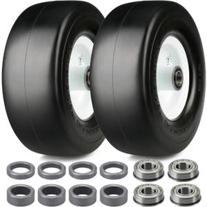 2Pcs 9x3.50-4 "Flat Free Tire, Lawn Mower Tire, with 3.5" Centered Hub, 3/4& 5/8 Bearings, 2/5"& 1/5" Metal Spacers, 3.5"-4"-4.5"-5" Centered Hub, Smooth Tread Tire for Zero Turn Mowers