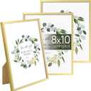 upsimples 8x10 Picture Frame Set of 3, Made of High Definition Glass for 8 x 10, Wall and Tabletop Display Thin Border Photo Frames for Home Decor, Gold