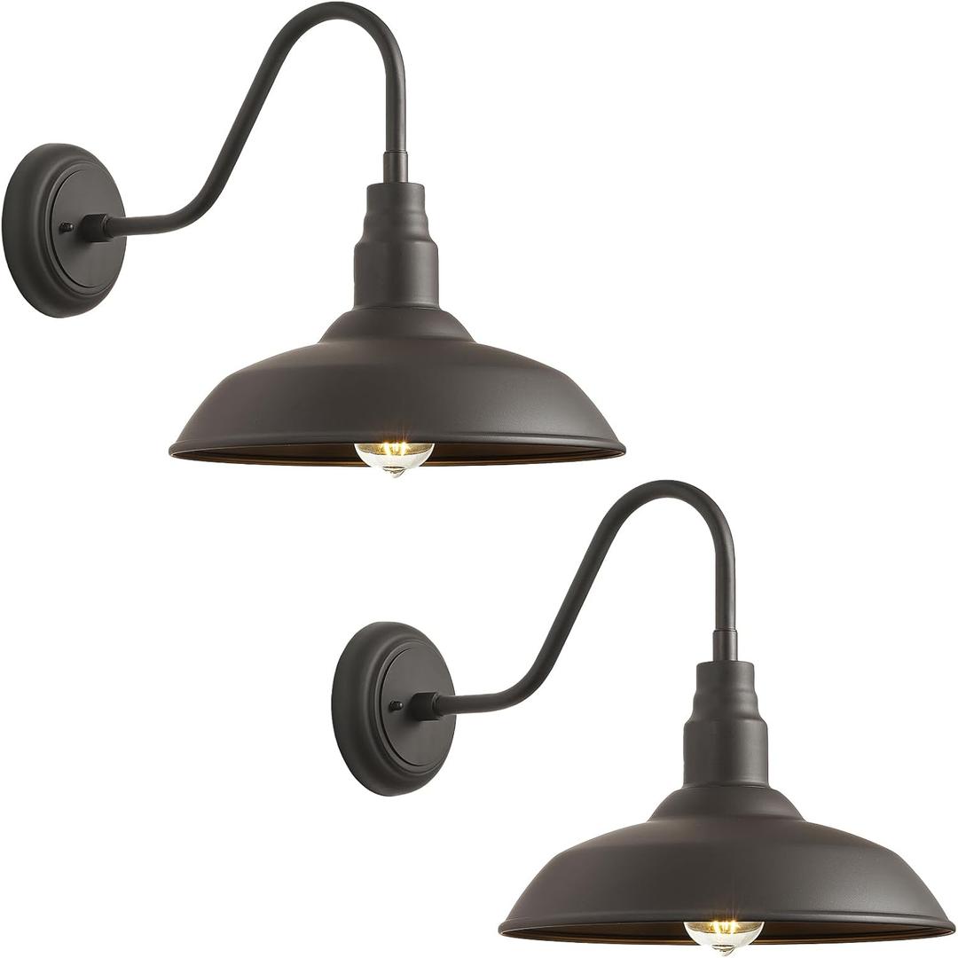 2 Pack Outdoor Barn Farmhouse Light with 14in Dome, Exterior Gooseneck Lights Fixture for House, Dark Bronze Outside Wall Mount for Porch, Patio, Entryways