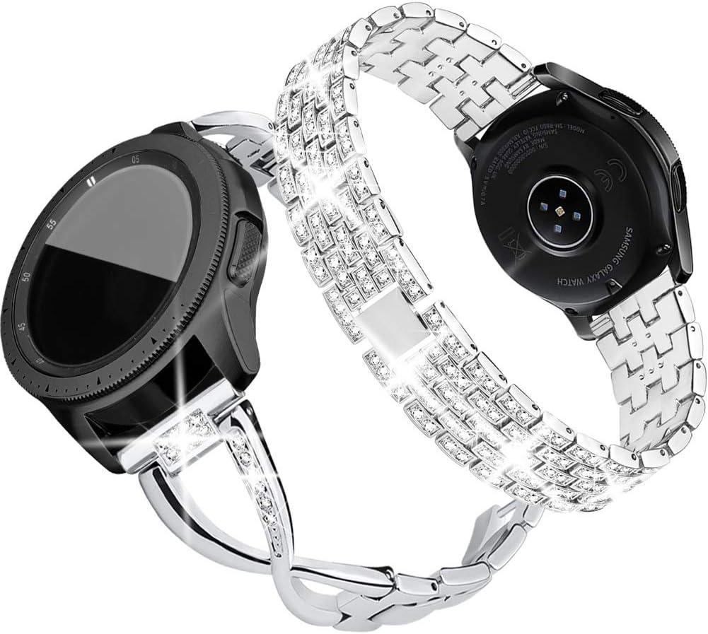 SUPOIX Compatible for Samsung Galaxy Watch 7 6 5 4 40mm 44mm /Galaxy Watch FE 2024/Galaxy Watch 42mm/Galaxy 3 41mm/Active 2 Band, 2 Pack 20mm Women Jewelry Bling Metal Replacement Strap (Silver)