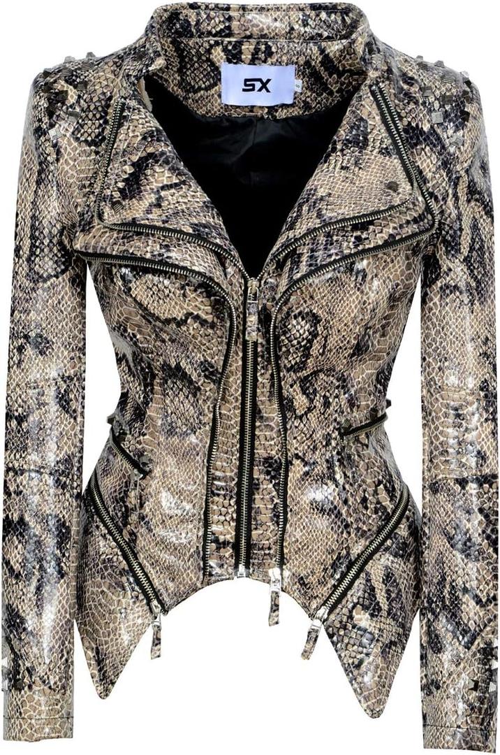 SX Women's Fashion Studded Perfectly Shaping Faux Leather Biker Jacket (Beige, XXL)