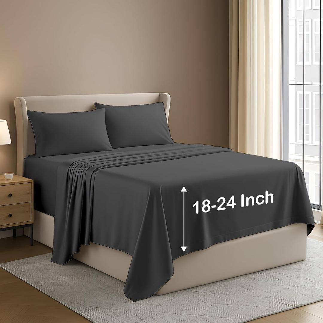 NON Sticky cotton 4 Piece King Extra Deep Pocket Sheet Set, 100% Egyptian Cotton, Soft and Breathable Bedding Sheets, Fits 18" to 24" High Mattress, 78" x 80", Dark Grey Solid