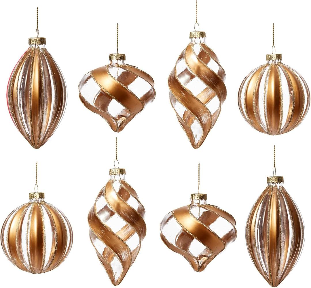 WDS WONDROUS Christmas Ball Ornaments Gold - Set of 8 Striped Glass Neutral Christmas Ornaments Set, Vintage Rustic Christmas Decor for Xmas Tree Home Party Holiday Farmhouse (Brown and Clear)