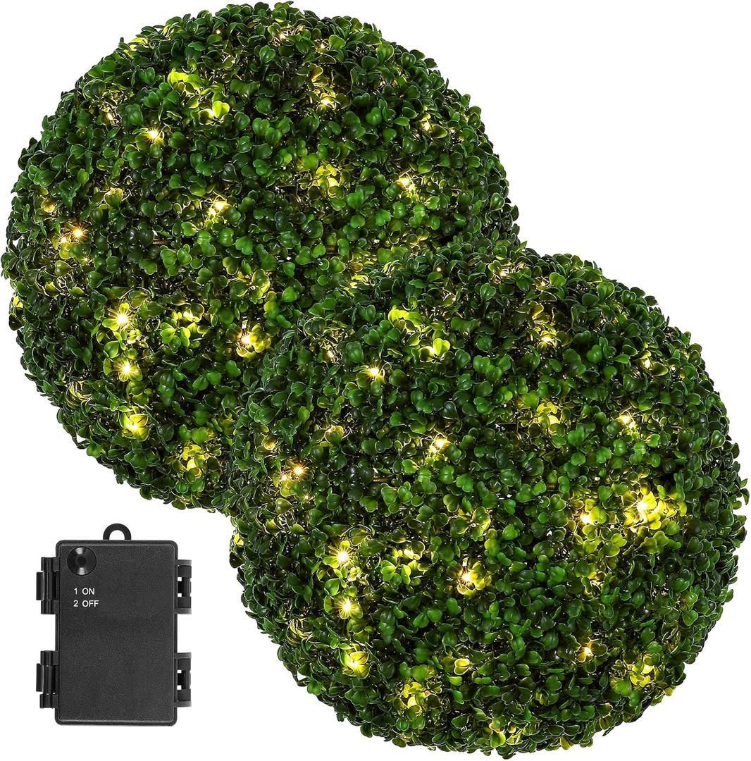2 Pcs Lighted Topiary Ball Outdoor Pre-Lit Faux Boxwood Planter Filler Sphere, Artificial Topiary Ball Decorative for Backyard, Balcony, Garden, Wedding Party, Home Office (15 * 15)