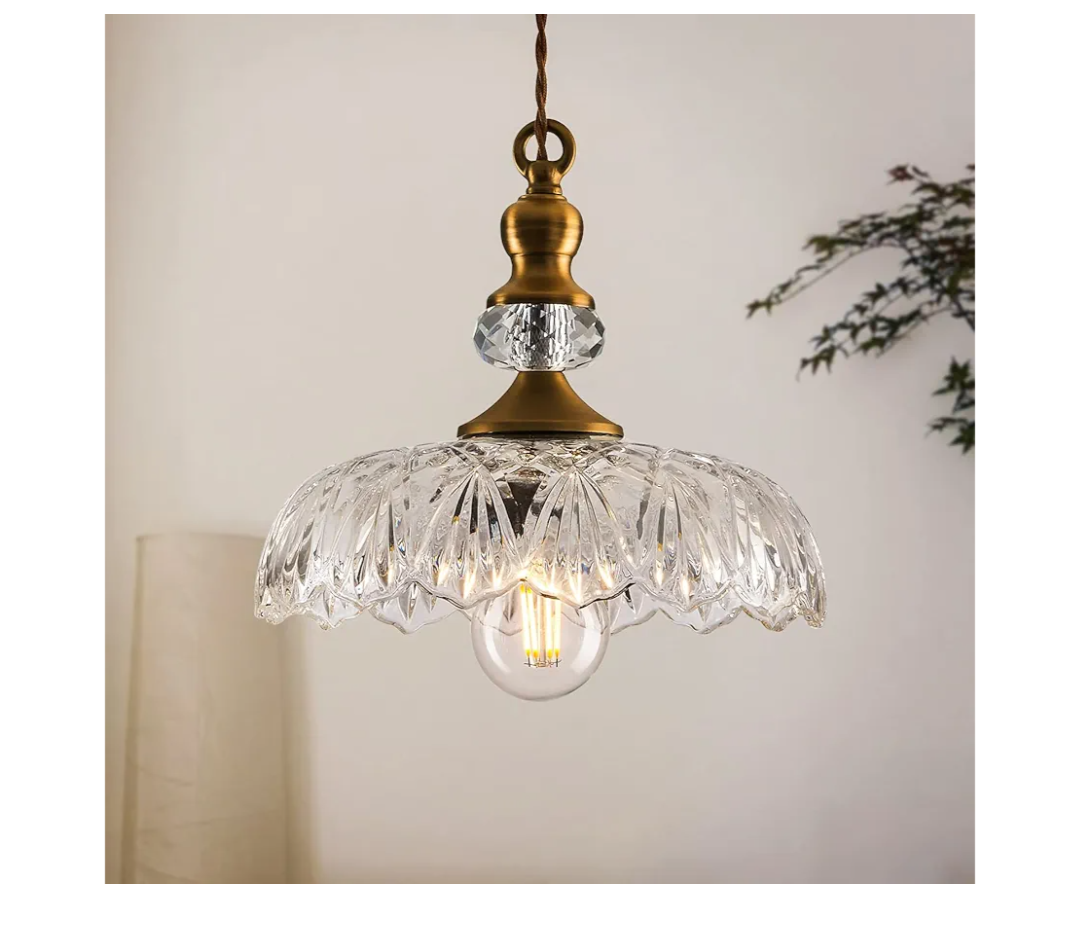 CVKASH Vintage Glass Pendant Light Fixture Brass Modern Adjustable Chandelier Farmhouse Hanging Light for Hallway Porch Kitchen Bedroom Coffee Shop Dining Room Island