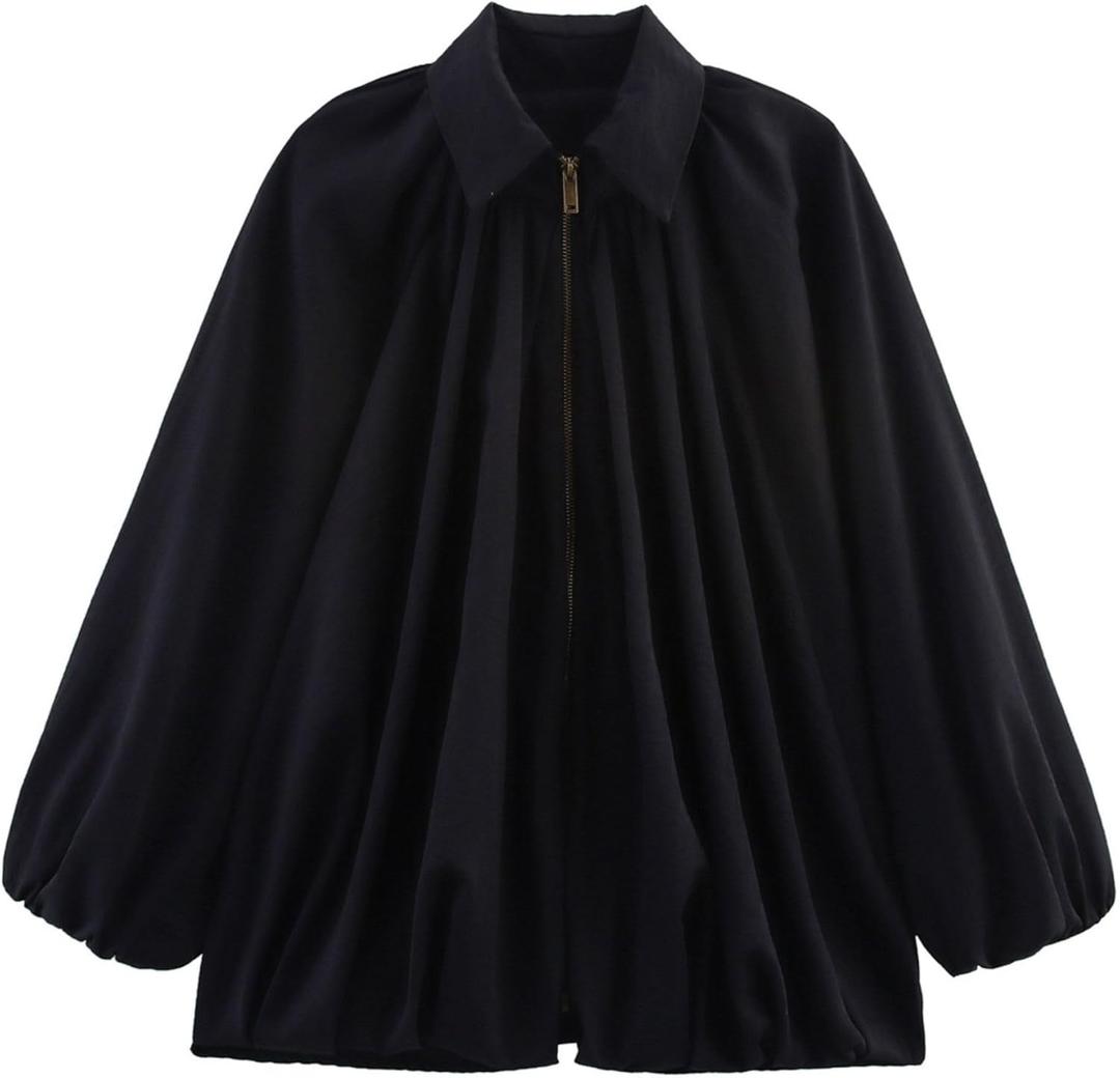 Xunger Women's Puffed Bomber Jacket Oversized Streetwear Casual Batwing Sleeve Lapel Collar Zip Front Pleated Shirts (Large, 01 Black)