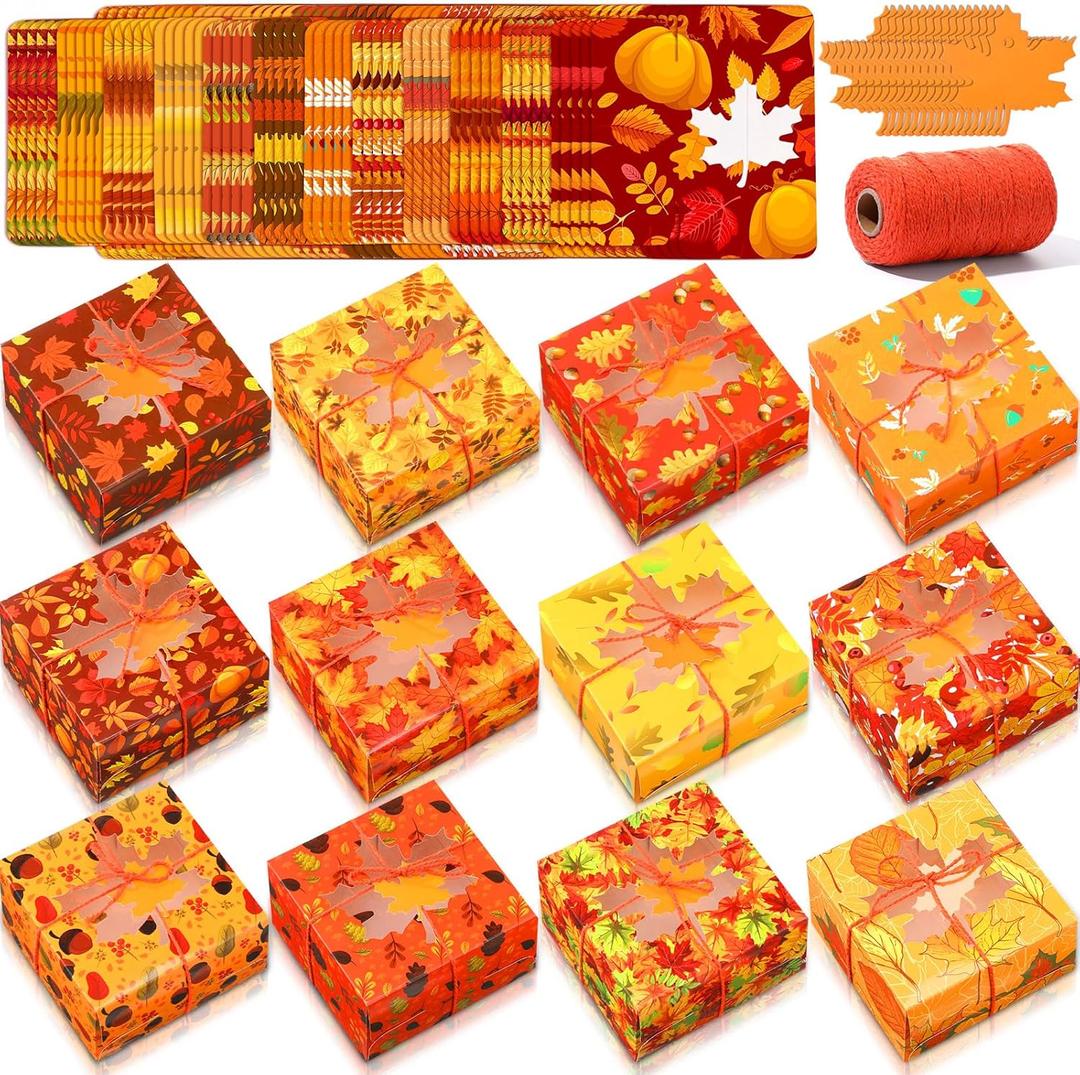 Blulu 60 Sets Thanksgiving Bakery Boxes Bulk with Window 5x5x3 Inch Fall Food Containers Gifts Boxes with Maple Tags and Rope for Fall Holiday Cookie Cupcake Goodie Candy Treat Package Party Favors