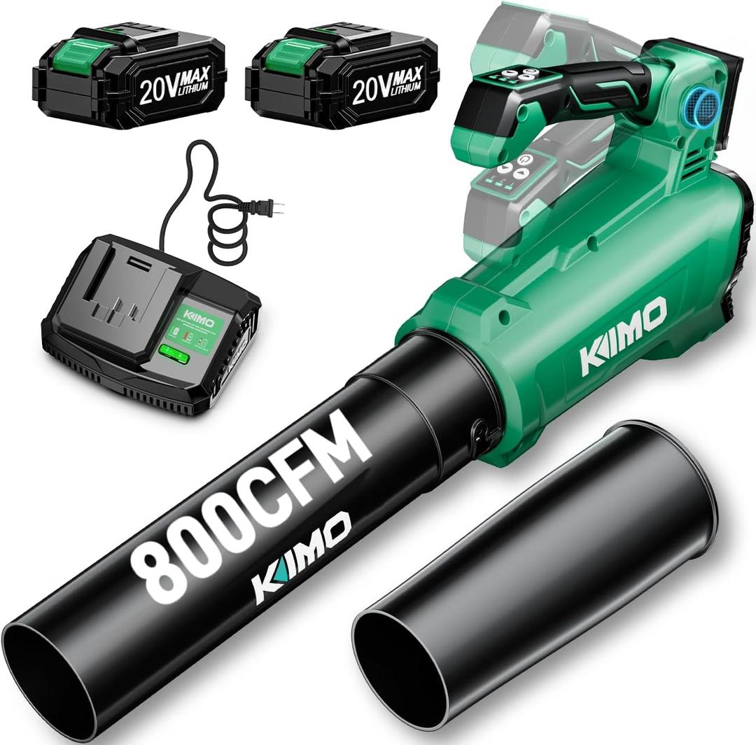 KIMO Leaf Blower Cordless with Battery and Charger, 800CFM/300MPH, Precision Adjustment Handle, 3Speeds w/ Visual Panel, Lightweight, 2 Extended Tube, 2* 2.0 Battery Powered Leaf Blowers for Lawn Care