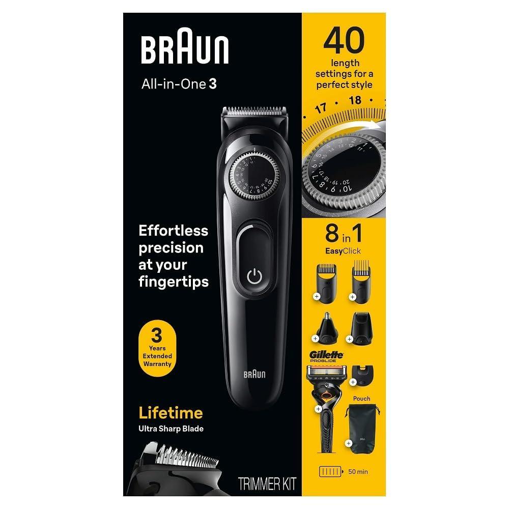 Braun All-in-One Style Kit Series 3 3470, 8-in-1 Trimmer for Men with BeardTrimmer, Ear & NoseTrimmer, Hair Clippers & More, Ultra-Sharp Blade, 40 Length Settings, Washable (Silver)