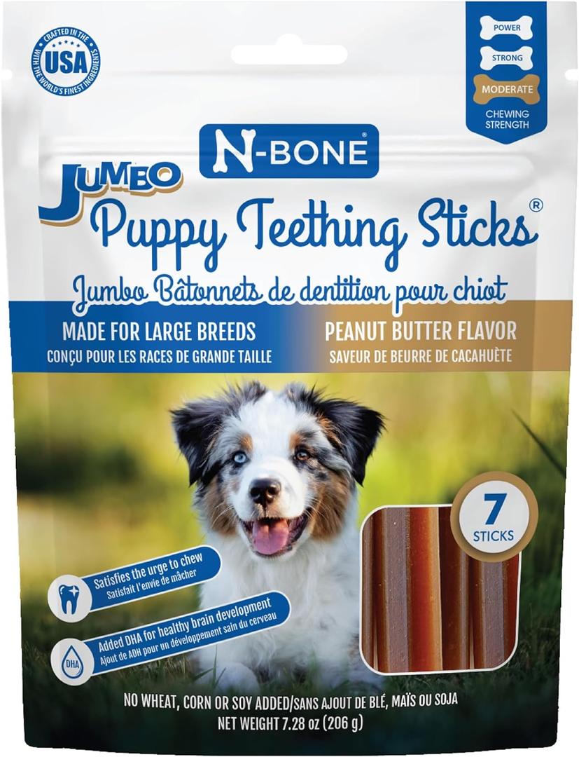3 x N-Bone Jumbo Puppy Teething Sticks Peanut Butter Flavor Dog Treats, 7 Count 7.28-oz Bag