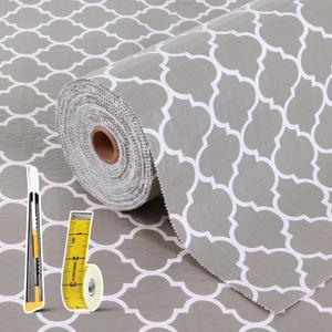 Drawer and Shelf Liner for Kitchen Cabinet: 23.6 in X 20 Ft Non Slip Waterproof Shelf Paper Non Adhesive Refrigerator Liners Gray Quatrefoil Easy Liners for Bathroom Cupboard with Knife Tape Measure