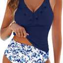 Women's Ruffle Two Piece Swimsuits Tummy Control Tankini V Neck Bathing Suits Modest Swimwear (Blue, L)