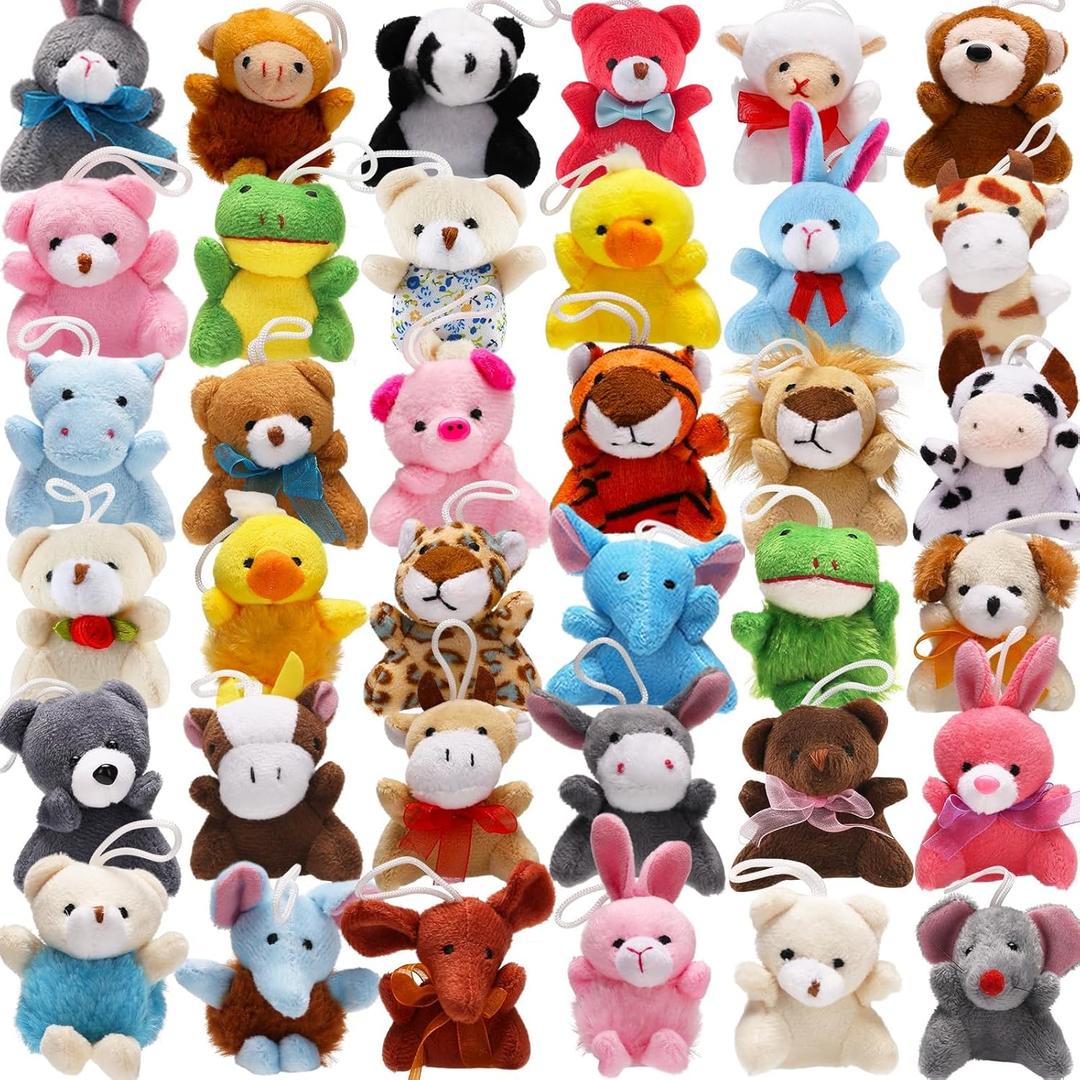 38 Pack Mini Stuffed Animals Party Favors for Kid, Small Plush Stuffed Animal Toy in Bulk for Claw Machine, Carnival Prizes, Plush Keychain Decorations, Valentines Classroom Gift, Animal Stuff Reward