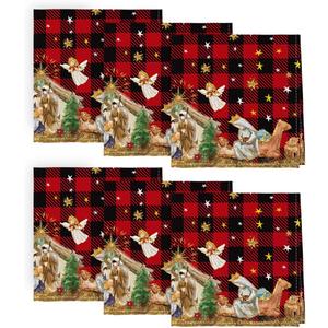 Horaldaily Christmas Cloth Napkins 18 x 18 Inch, Holy Nativity Red Buffalo Plaid Party Dinner Decoration Washable Napkins Set of 6