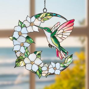 Hummingbird Crescent Moon Acrylic Suncatcher Stained Glass Effect Window Car Hanging Christmas Ornament Indoor Outdoor Decor Garden Sun Catcher Gift for Bird Lover for Women Mom Grandma (6")