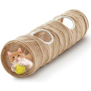 Cat Tunnel for Indoor Cats,Cats Toys Collapsible Tunnel Straight Tube with a Fun Ball and 2 Holes,Cat Play Tunnels,for Rabbits, Ferrets, Puppies & Large Pets,Diameter 11.8 Inch (Beige)