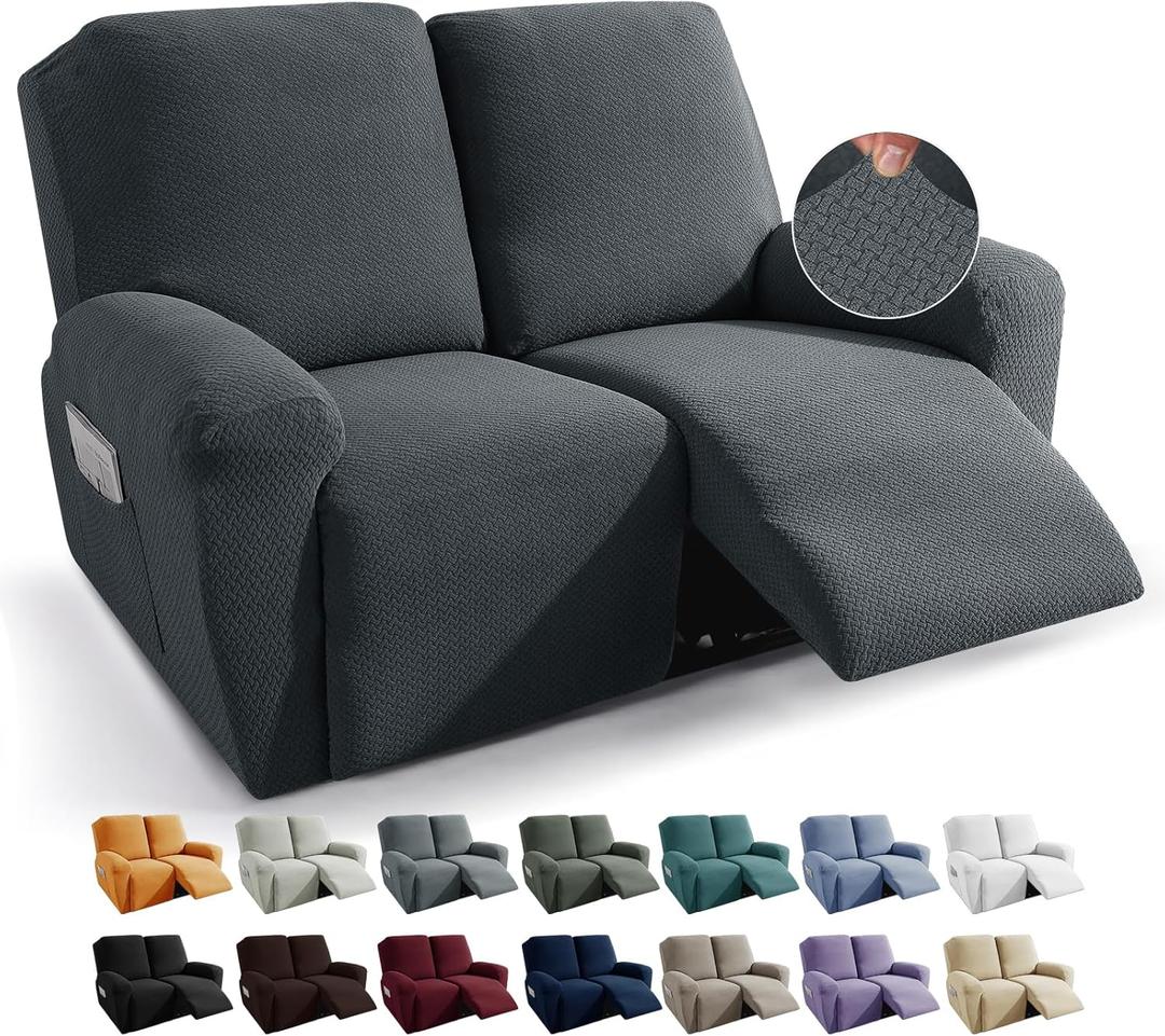 JIVINER Loveseat Recliner Covers 6-Piece Stretch Jacquard Recliner Sofa Slipcover 2 Seater Washable Reclining Couch Cover with Pocket Fitted Furniture Protector Cover (Loveseat Recliner, Dark Gray)