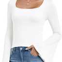 LYANER Women's Long Sleeve Tops U Neck Bell Sleeve Slim Fit Going Out Outfits Fashion Shirt (White, XS)