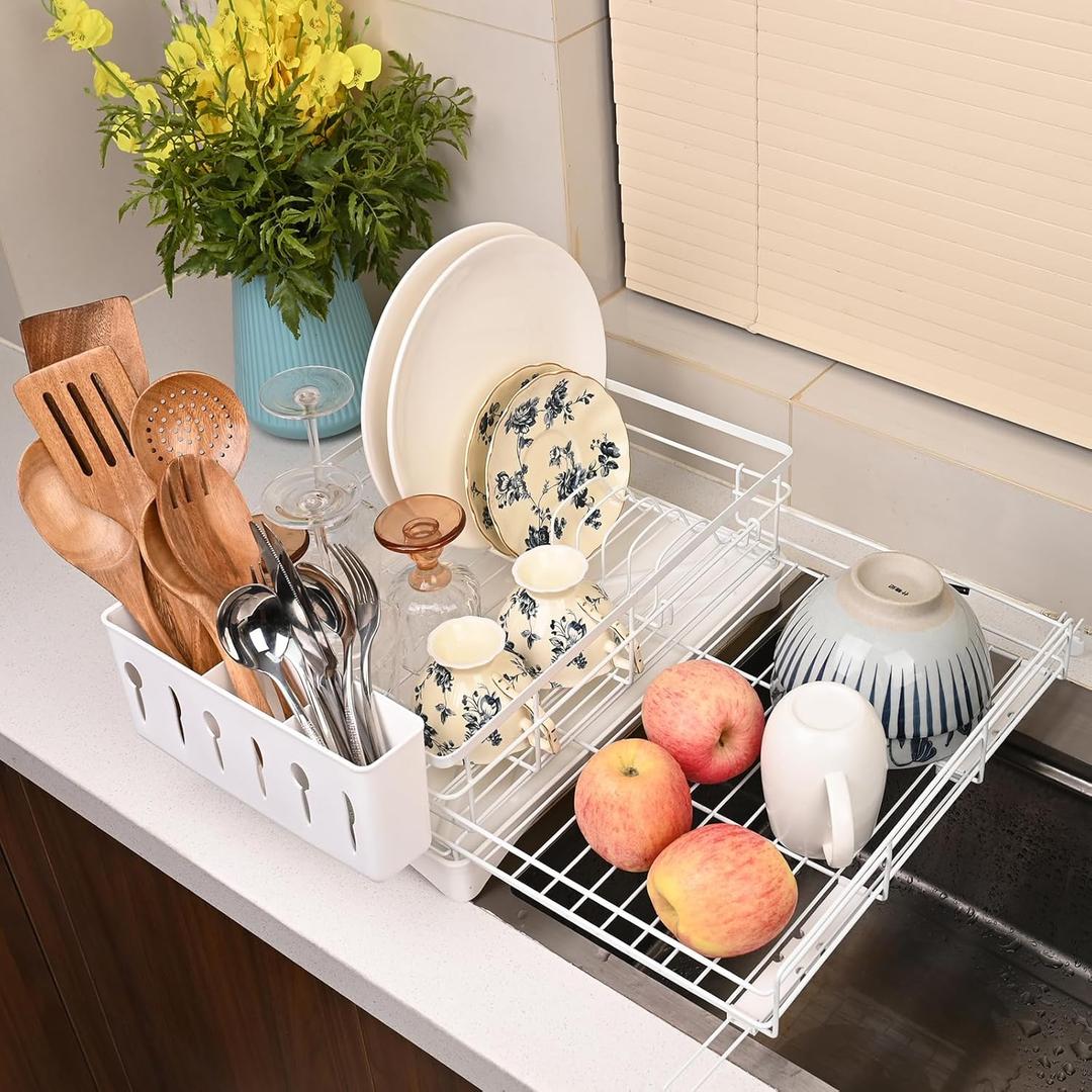Expandable Over Sink Dish Drying Rack  Foldable Stainless Steel Kitchen Organizer with Utensil Holder, Space-Saving & Rustproof (White)