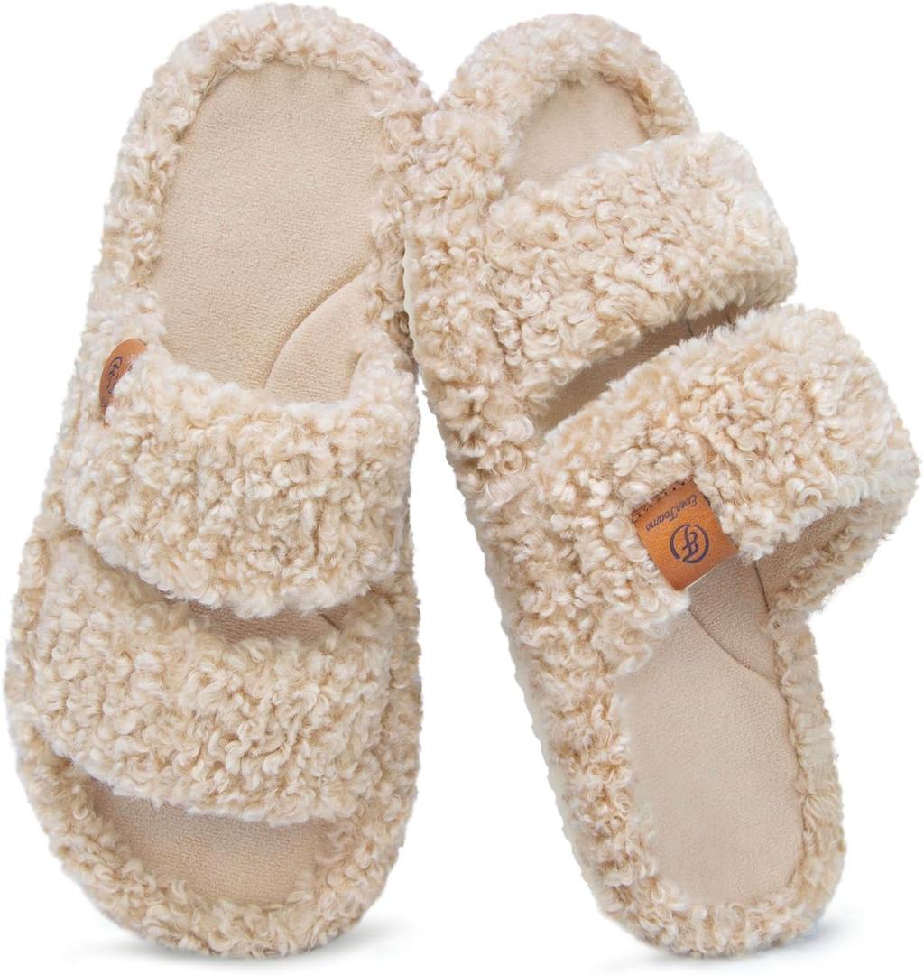 EverFoams Womens Fuzzy Open-toe Slippers Soft Comfy Memory Foam Indoor House Shoes (9-10, Vintage Khaki)